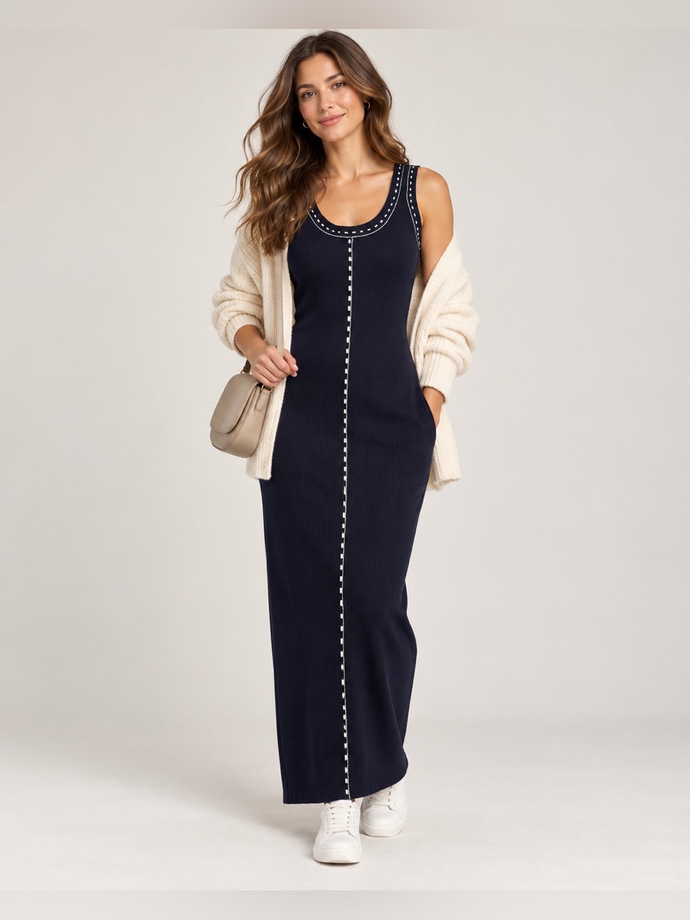 House of Harlow 1960 Navy Ribbed Knit Maxi Dress M Contrast Stitch